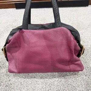 Artistic Designs By Sharif Purplish Maroon Black Leather Satchel Handbag Zip